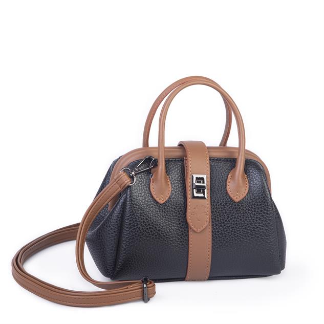  Nas Bag Kadın  Mini Boy Klipsli El ve Postacı Çantası Siyah Taba Lopez (20x13 cm)