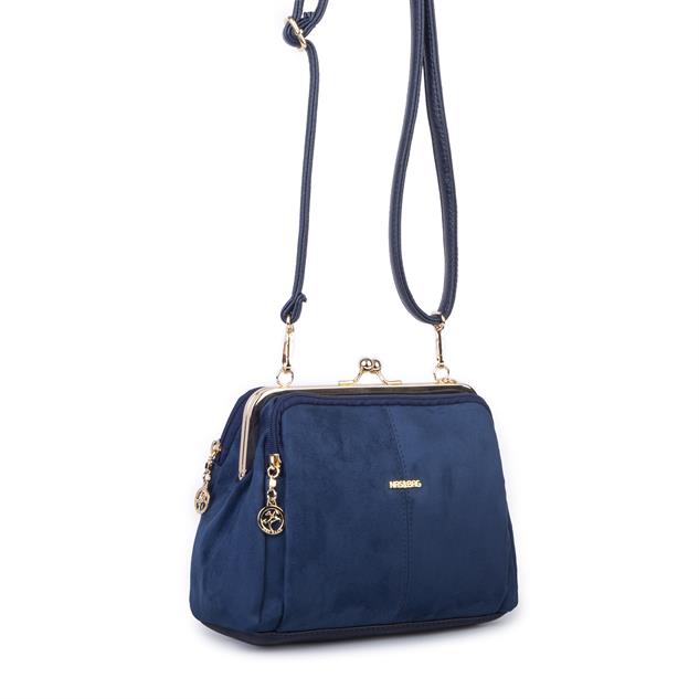 Nas Bag Burslu Klipsli Vintage Omuz ve Çapraz Çanta (23x20 cm ebatlarındadır) Lacivert Süet