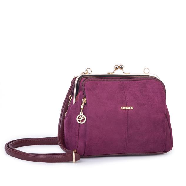 Nas Bag Burslu Klipsli Vintage Omuz ve Çapraz Çanta (23x20 cm ebatlarındadır) Bordo Süet