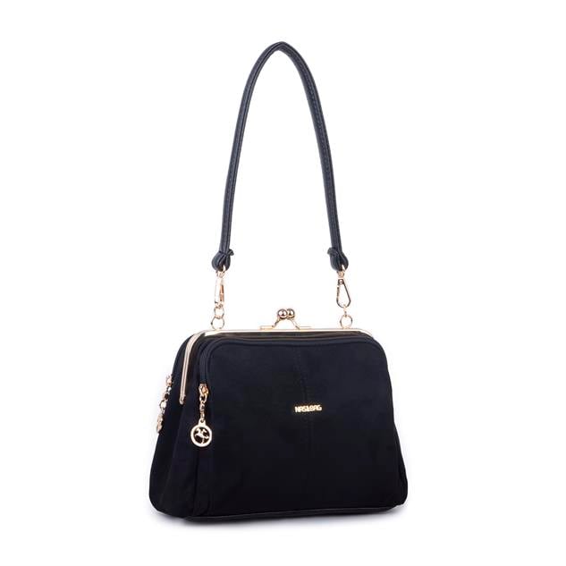 Nas Bag Burslu Klipsli Vintage Omuz ve Çapraz Çanta (23x20 cm ebatlarındadır) Siyah Süet