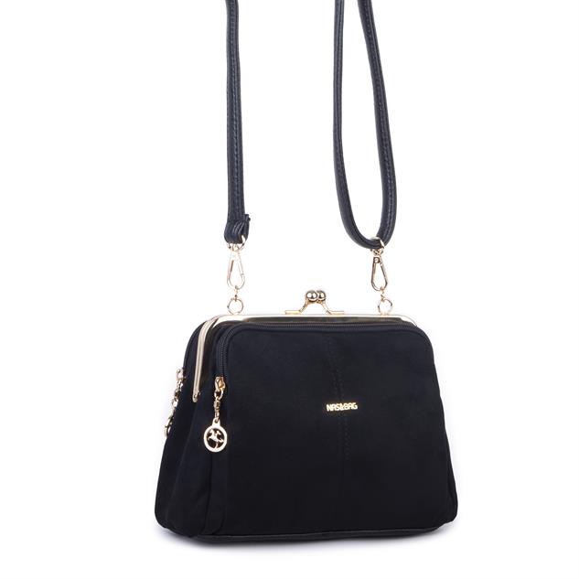 Nas Bag Burslu Klipsli Vintage Omuz ve Çapraz Çanta (23x20 cm ebatlarındadır) Siyah Süet