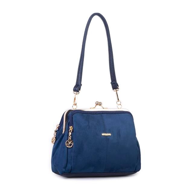 Nas Bag Burslu Klipsli Vintage Omuz ve Çapraz Çanta (23x20 cm ebatlarındadır) Lacivert Süet