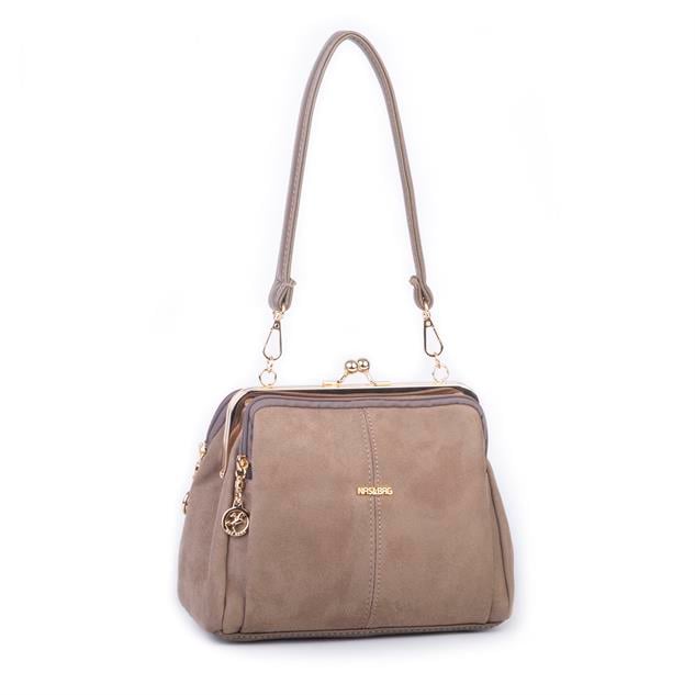 Nas Bag Burslu Klipsli Vintage Omuz ve Çapraz Çanta (23x20 cm ebatlarındadır) Vizon Süet