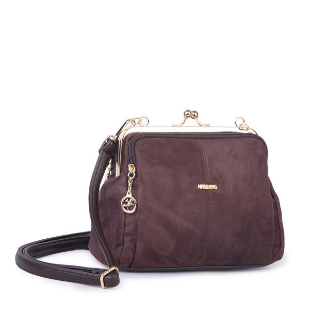 Nas Bag Burslu Klipsli Vintage Omuz ve Çapraz Çanta (23x20 cm ebatlarındadır) Kahve Süet