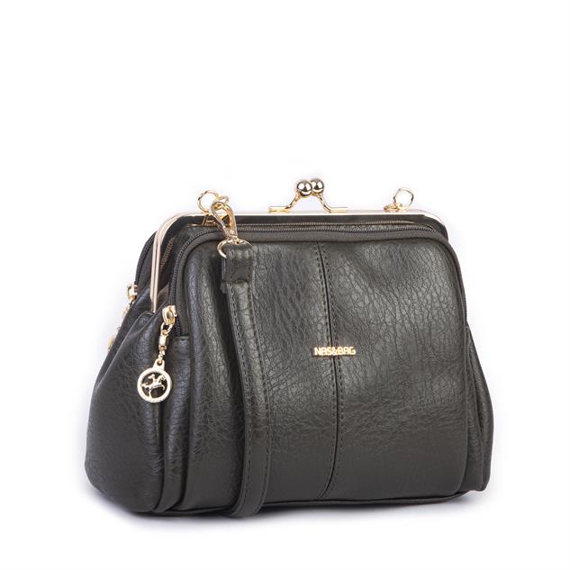 Nas Bag Burslu Klipsli Vintage Omuz ve Çapraz Çanta (23x20 cm ebatlarındadır) Haki Victoria