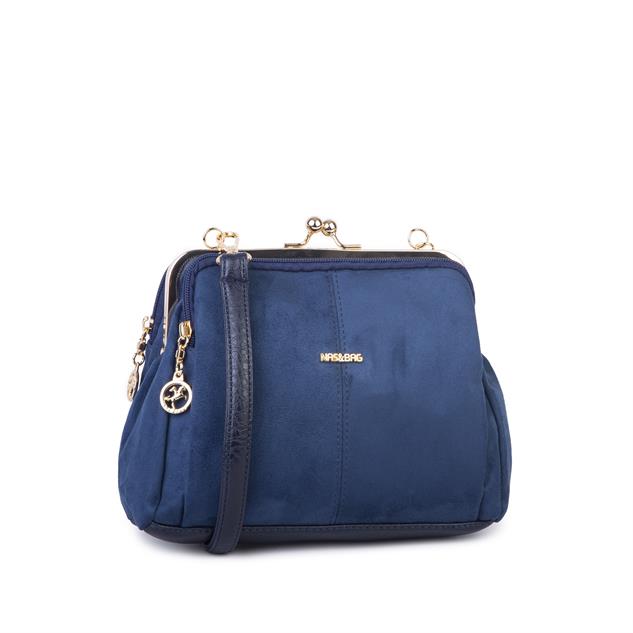 Nas Bag Burslu Klipsli Vintage Omuz ve Çapraz Çanta (23x20 cm ebatlarındadır) Lacivert Süet