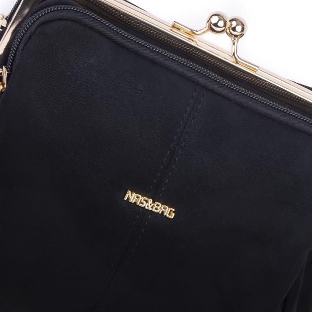 Nas Bag Burslu Klipsli Vintage Omuz ve Çapraz Çanta (23x20 cm ebatlarındadır) Siyah Süet