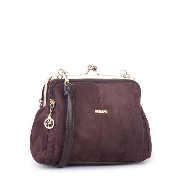 Nas Bag Burslu Klipsli Vintage Omuz ve Çapraz Çanta (23x20 cm ebatlarındadır) Kahve Süet