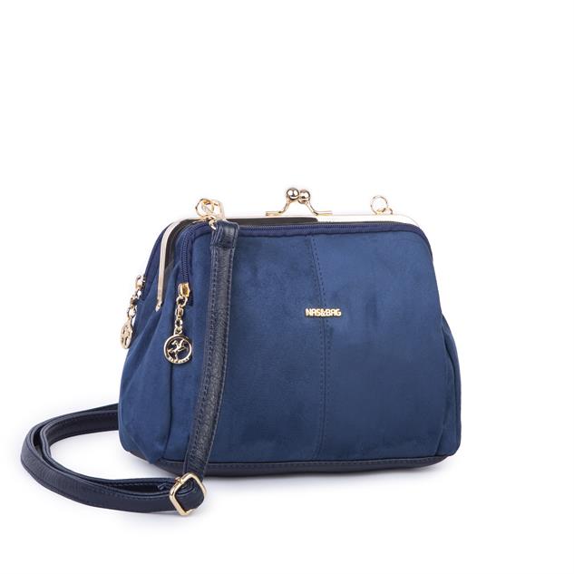 Nas Bag Burslu Klipsli Vintage Omuz ve Çapraz Çanta (23x20 cm ebatlarındadır) Lacivert Süet