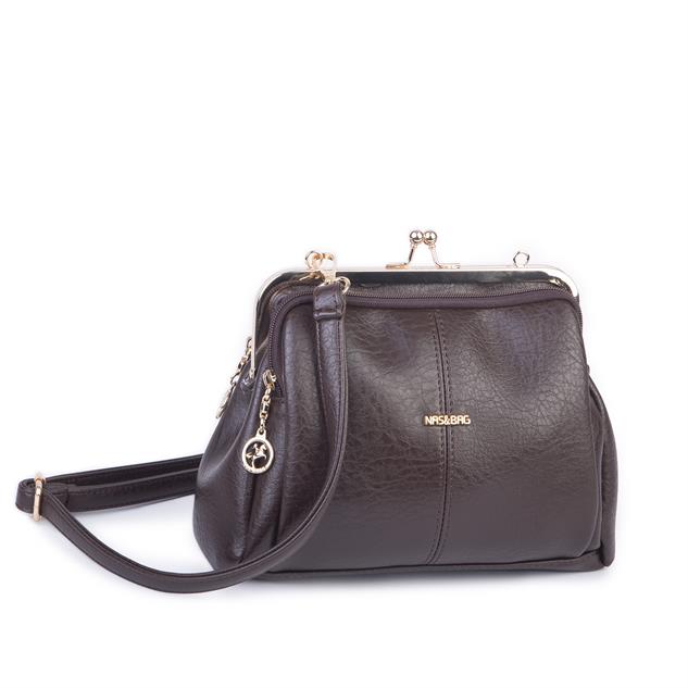 Nas Bag Burslu Klipsli Vintage Omuz ve Çapraz Çanta (23x20 cm ebatlarındadır) Kahve Victoria