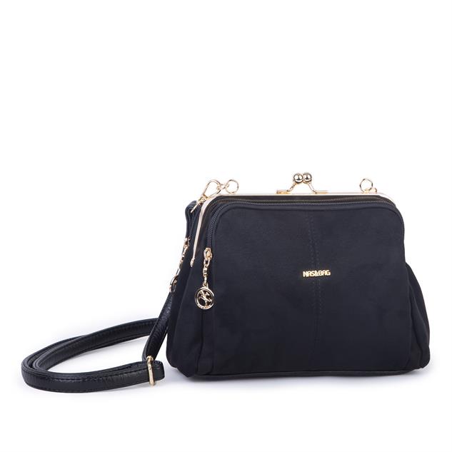 Nas Bag Burslu Klipsli Vintage Omuz ve Çapraz Çanta (23x20 cm ebatlarındadır) Siyah Süet