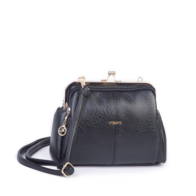 Nas Bag Burslu Klipsli Vintage Omuz ve Çapraz Çanta (23x20 cm ebatlarındadır) Siyah Victoria