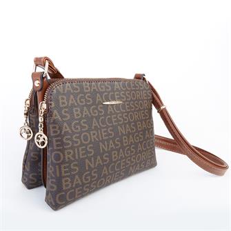 Nas Bag Çapraz Çanta Çift Fermuarlı Ayarlanabilir Askılı Çanta Kahve Taba Yazılı