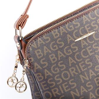 Nas Bag Çapraz Çanta Çift Fermuarlı Ayarlanabilir Askılı Çanta Kahve Taba Yazılı
