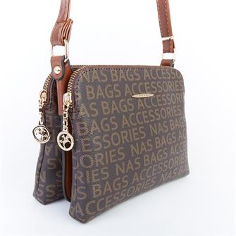 Nas Bag Çapraz Çanta Çift Fermuarlı Ayarlanabilir Askılı Çanta Kahve Taba Yazılı
