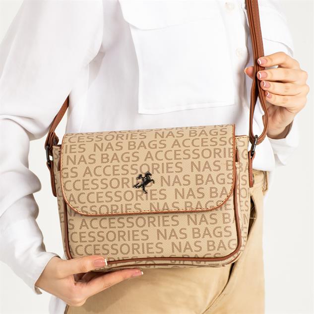 Nas Bag Çapraz Çanta Vizon Taba Yazılı