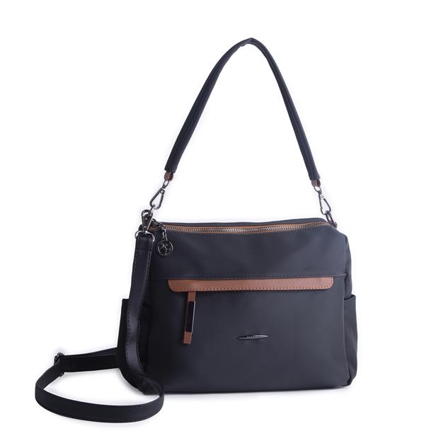 Nas Bag Çok Gözlü Yumuşak ve Hafif Yapılı Çift Askılı Omuz ve Çapraz Çanta Siyah Taba  Buzzy  ( 30x24 cm )