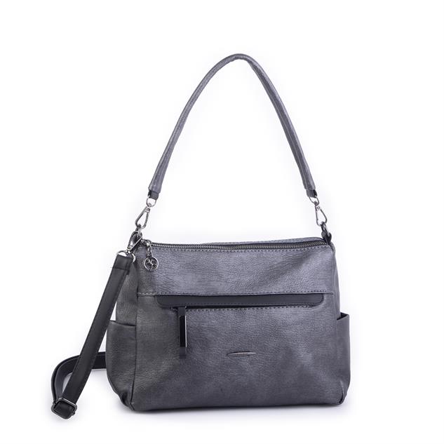 Nas Bag Çok Gözlü Yumuşak ve Hafif Yapılı Çift Askılı Omuz ve Çapraz Çanta Gri Siyah Lizbon ( 30x24 cm )