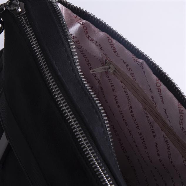 Nas Bag Çok Gözlü Yumuşak ve Hafif Yapılı Çift Askılı Omuz ve Çapraz Çanta Siyah Süet  ( 30x24 cm )
