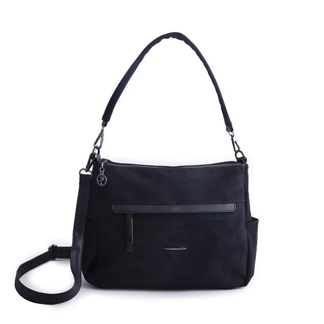Nas Bag Çok Gözlü Yumuşak ve Hafif Yapılı Çift Askılı Omuz ve Çapraz Çanta Siyah Süet  ( 30x24 cm )