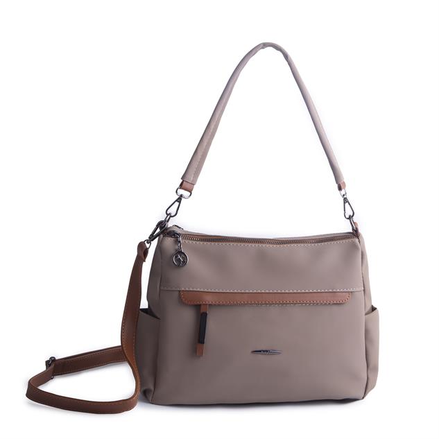 Nas Bag Çok Gözlü Yumuşak ve Hafif Yapılı Çift Askılı Omuz ve Çapraz Çanta Vizon Taba  Buzzy  ( 30x24 cm )