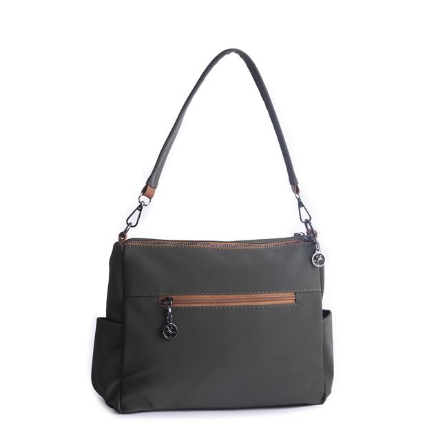 Nas Bag Çok Gözlü Yumuşak ve Hafif Yapılı Çift Askılı Omuz ve Çapraz Çanta Yeşil  Taba  Buzzy  ( 30x24 cm )