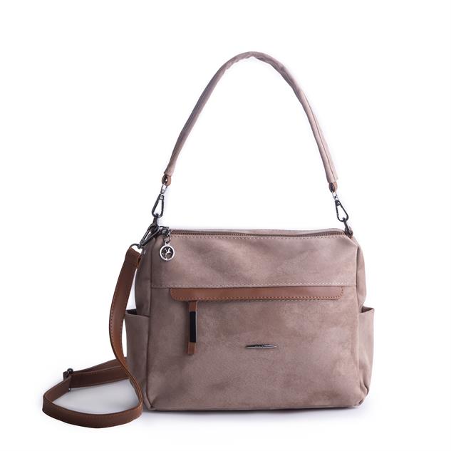 Nas Bag Çok Gözlü Yumuşak ve Hafif Yapılı Çift Askılı Omuz ve Çapraz Çanta Vizon Taba  Süet  ( 30x24 cm )