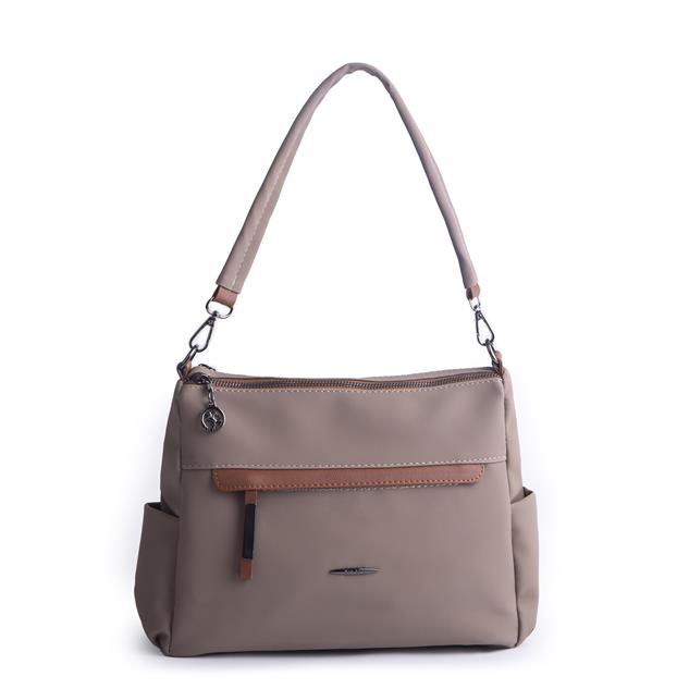 Nas Bag Çok Gözlü Yumuşak ve Hafif Yapılı Çift Askılı Omuz ve Çapraz Çanta Vizon Taba  Buzzy  ( 30x24 cm )