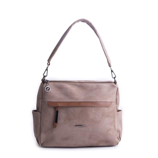Nas Bag Çok Gözlü Yumuşak ve Hafif Yapılı Çift Askılı Omuz ve Çapraz Çanta Vizon Taba  Süet  ( 30x24 cm )
