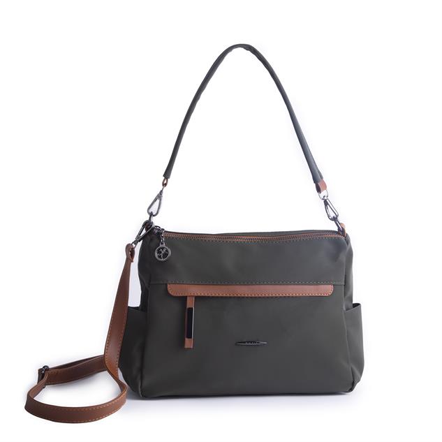 Nas Bag Çok Gözlü Yumuşak ve Hafif Yapılı Çift Askılı Omuz ve Çapraz Çanta Yeşil  Taba  Buzzy  ( 30x24 cm )