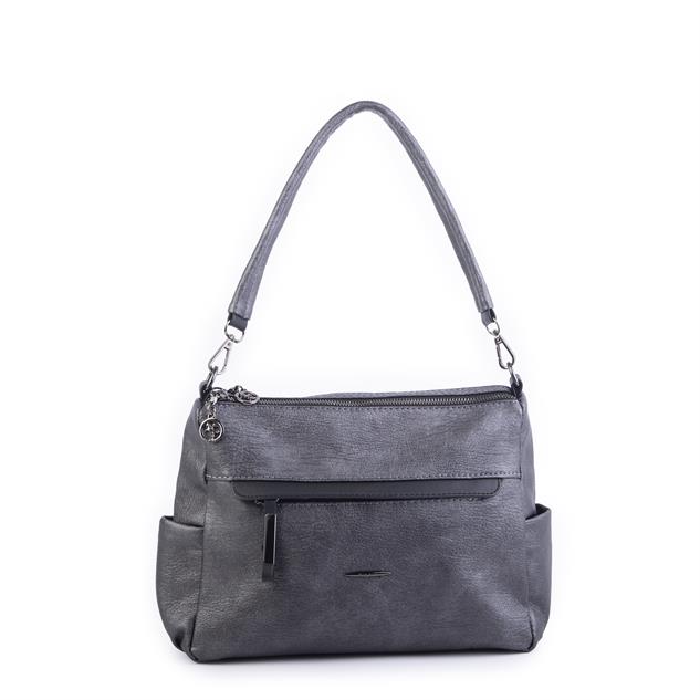 Nas Bag Çok Gözlü Yumuşak ve Hafif Yapılı Çift Askılı Omuz ve Çapraz Çanta Gri Siyah Lizbon ( 30x24 cm )