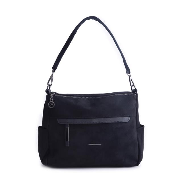 Nas Bag Çok Gözlü Yumuşak ve Hafif Yapılı Çift Askılı Omuz ve Çapraz Çanta Siyah Süet  ( 30x24 cm )