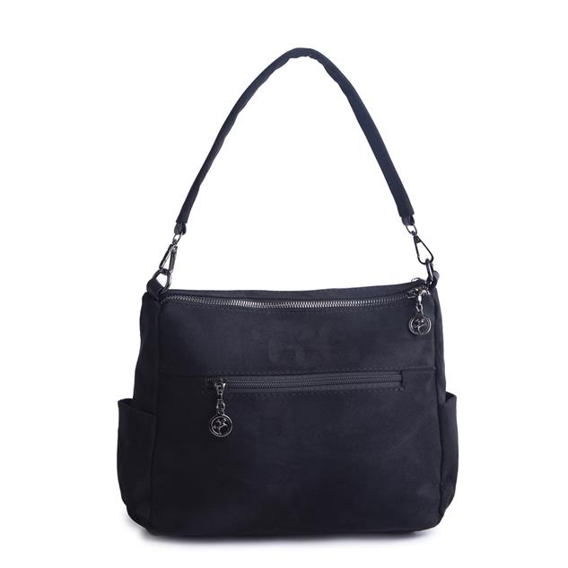 Nas Bag Çok Gözlü Yumuşak ve Hafif Yapılı Çift Askılı Omuz ve Çapraz Çanta Siyah Süet  ( 30x24 cm )