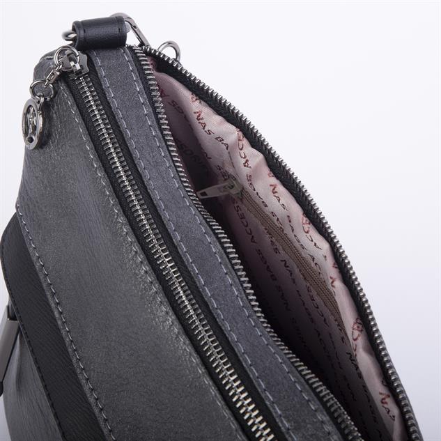 Nas Bag Çok Gözlü Yumuşak ve Hafif Yapılı Çift Askılı Omuz ve Çapraz Çanta Gri Siyah Lizbon ( 30x24 cm )