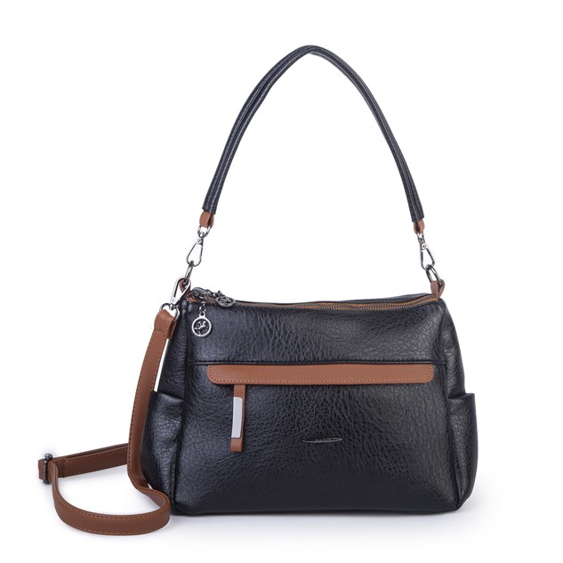Nas Bag Çok Gözlü Yumuşak ve Hafif Yapılı Çift Askılı Omuz ve Çapraz Çanta ( 30x24 cm ) Siyah Taba Victoria