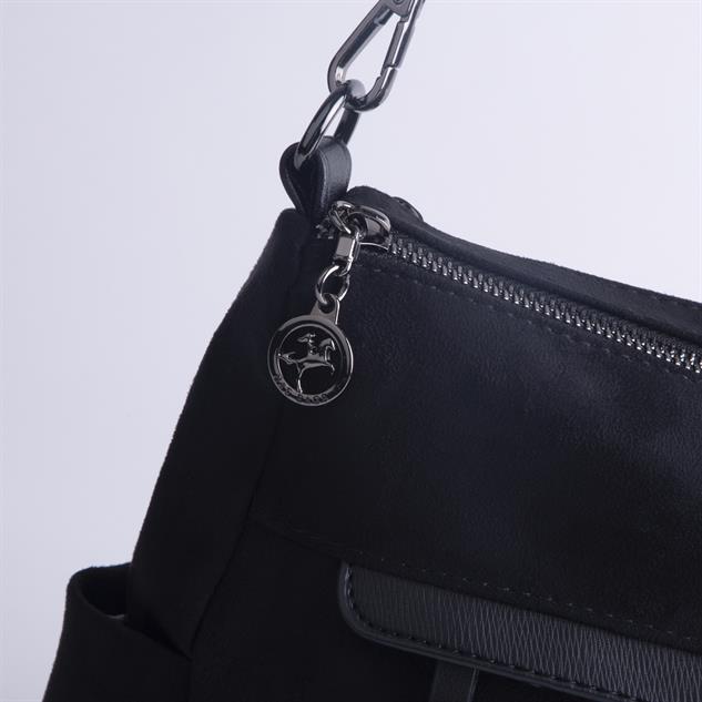 Nas Bag Çok Gözlü Yumuşak ve Hafif Yapılı Çift Askılı Omuz ve Çapraz Çanta Siyah Süet  ( 30x24 cm )