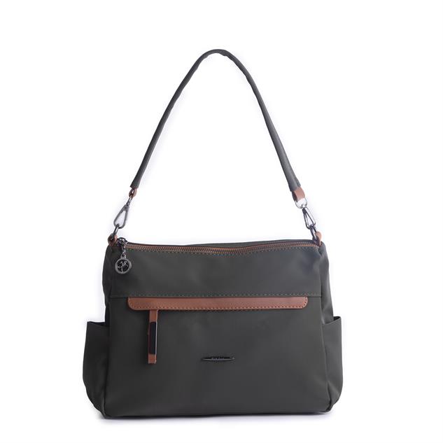 Nas Bag Çok Gözlü Yumuşak ve Hafif Yapılı Çift Askılı Omuz ve Çapraz Çanta Yeşil  Taba  Buzzy  ( 30x24 cm )