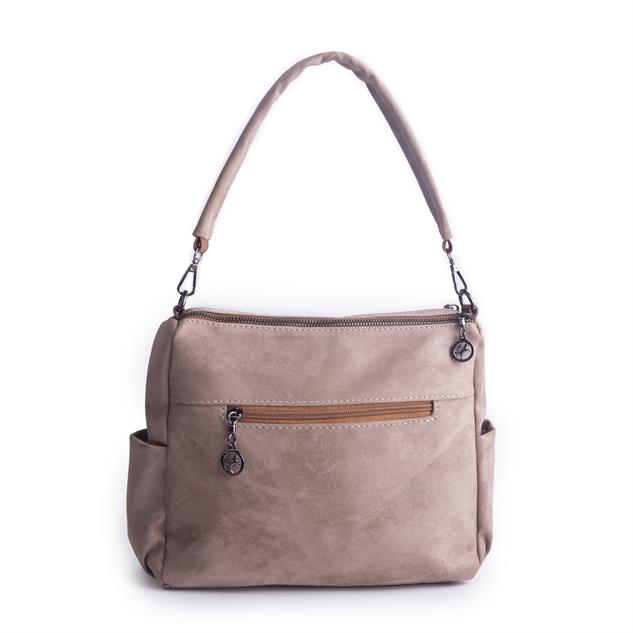Nas Bag Çok Gözlü Yumuşak ve Hafif Yapılı Çift Askılı Omuz ve Çapraz Çanta Vizon Taba  Süet  ( 30x24 cm )