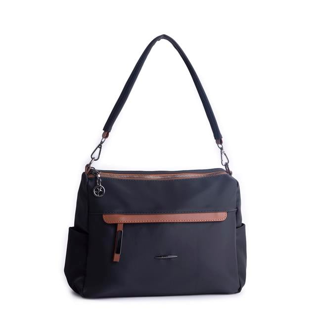 Nas Bag Çok Gözlü Yumuşak ve Hafif Yapılı Çift Askılı Omuz ve Çapraz Çanta Siyah Taba  Buzzy  ( 30x24 cm )