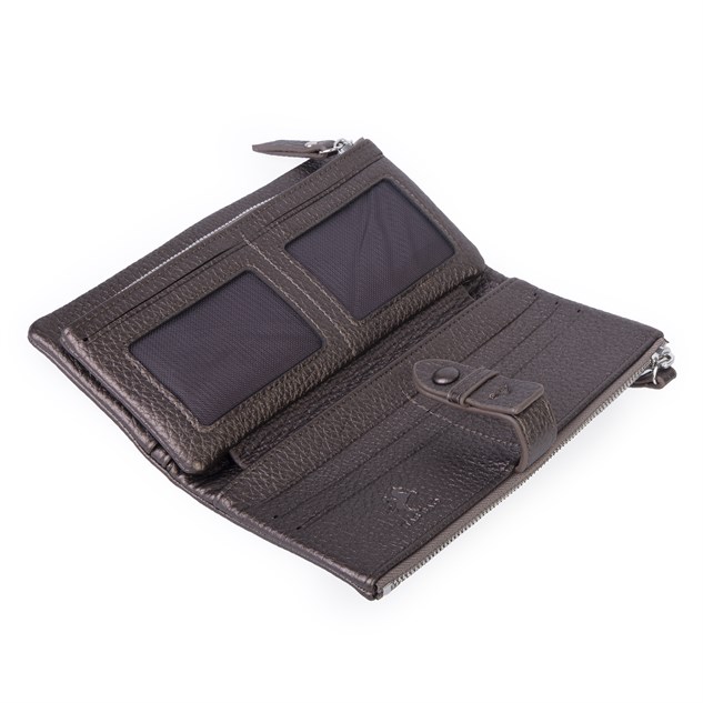 Nas Bag Çok Kartlıklı Çift Fermuarlı Çıtçıtlı Çok Gözlü Cüzdan Kahverengi