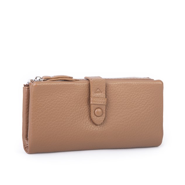 Nas Bag Çok Kartlıklı Çift Fermuarlı Çıtçıtlı Çok Gözlü Cüzdan Taba