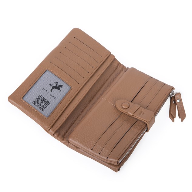 Nas Bag Çok Kartlıklı Çift Fermuarlı Çıtçıtlı Çok Gözlü Cüzdan Taba