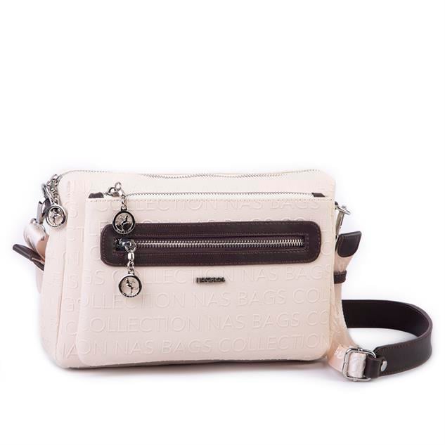 Nas Bag Günlük Çok Gözlü Çanta (en: 26 cm  ; boy:17 cm) Krem Kahve Gofraj