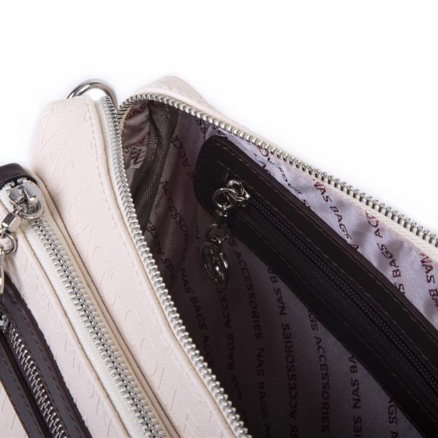 Nas Bag Günlük Çok Gözlü Çanta (en: 26 cm  ; boy:17 cm) Krem Kahve Gofraj