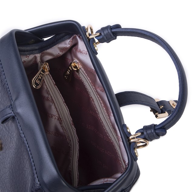 Nas Bag Hakiki Deri Görünümlü Vintage Doktor Çantası Küçük Boy El ve Omuz Çantası Lacivert Victoria