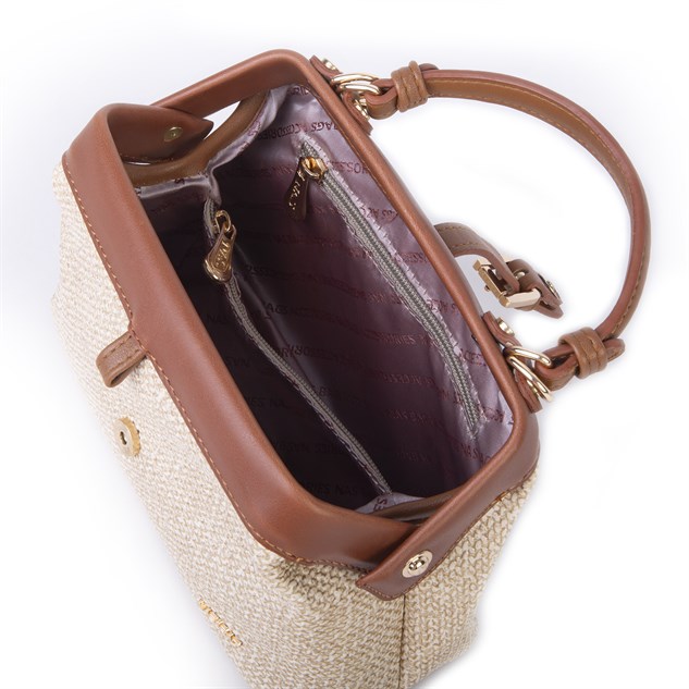 Nas Bag Hakiki Deri Görünümlü Vintage Doktor Çantası Küçük Boy El ve Omuz Çantası Kum Taba