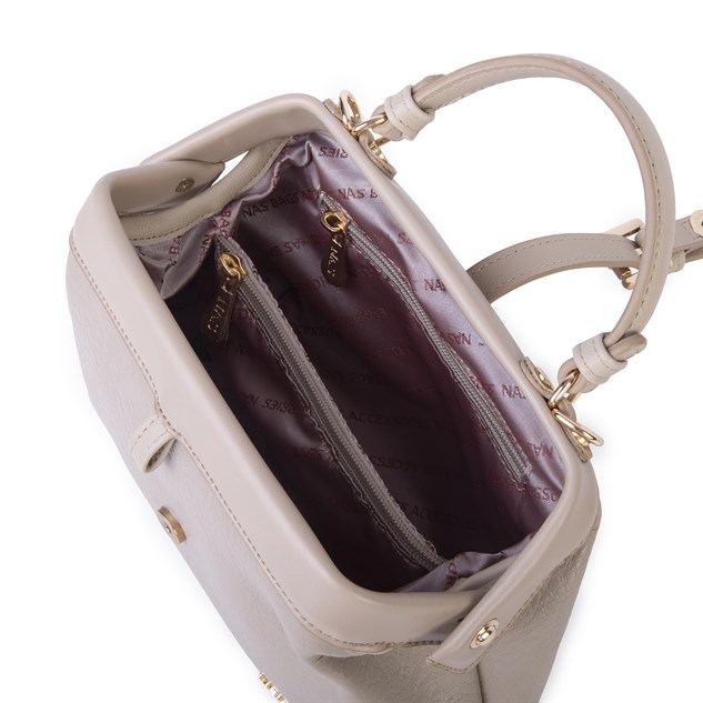 Nas Bag Hakiki Deri Görünümlü Vintage Doktor Çantası Küçük Boy El ve Omuz Çantası Kum Victoria