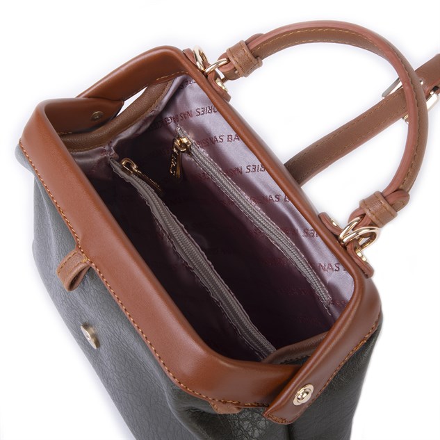 Nas Bag Hakiki Deri Görünümlü Vintage Doktor Çantası Küçük Boy El ve Omuz Çantası Haki Taba Victoria