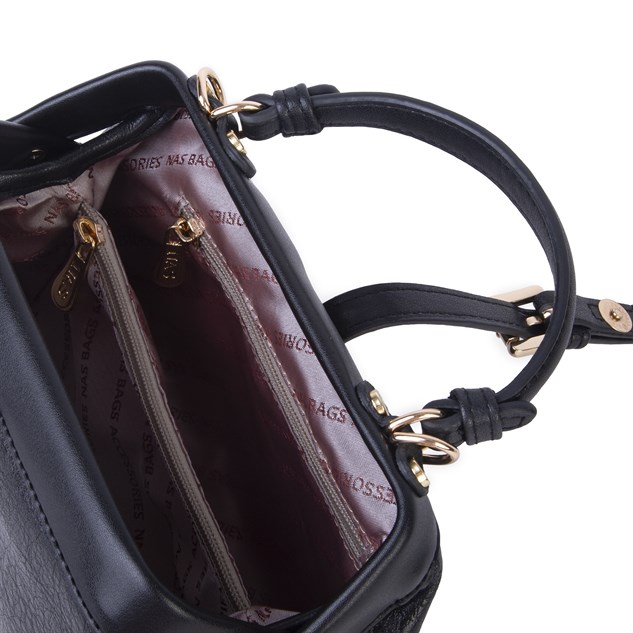 Nas Bag Hakiki Deri Görünümlü Vintage Doktor Çantası Küçük Boy El ve Omuz Çantası Siyah Victoria