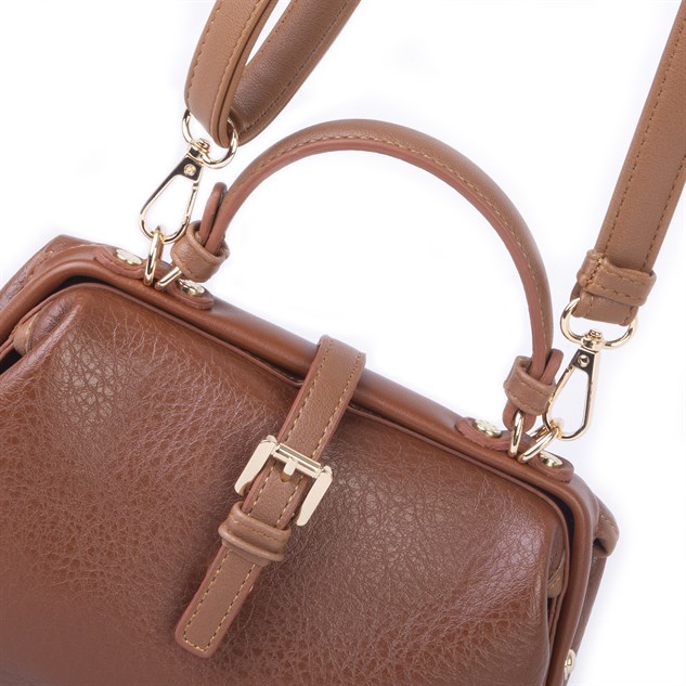 Nas Bag Hakiki Deri Görünümlü Vintage Doktor Çantası Küçük Boy El ve Omuz Çantası Taba Victoria